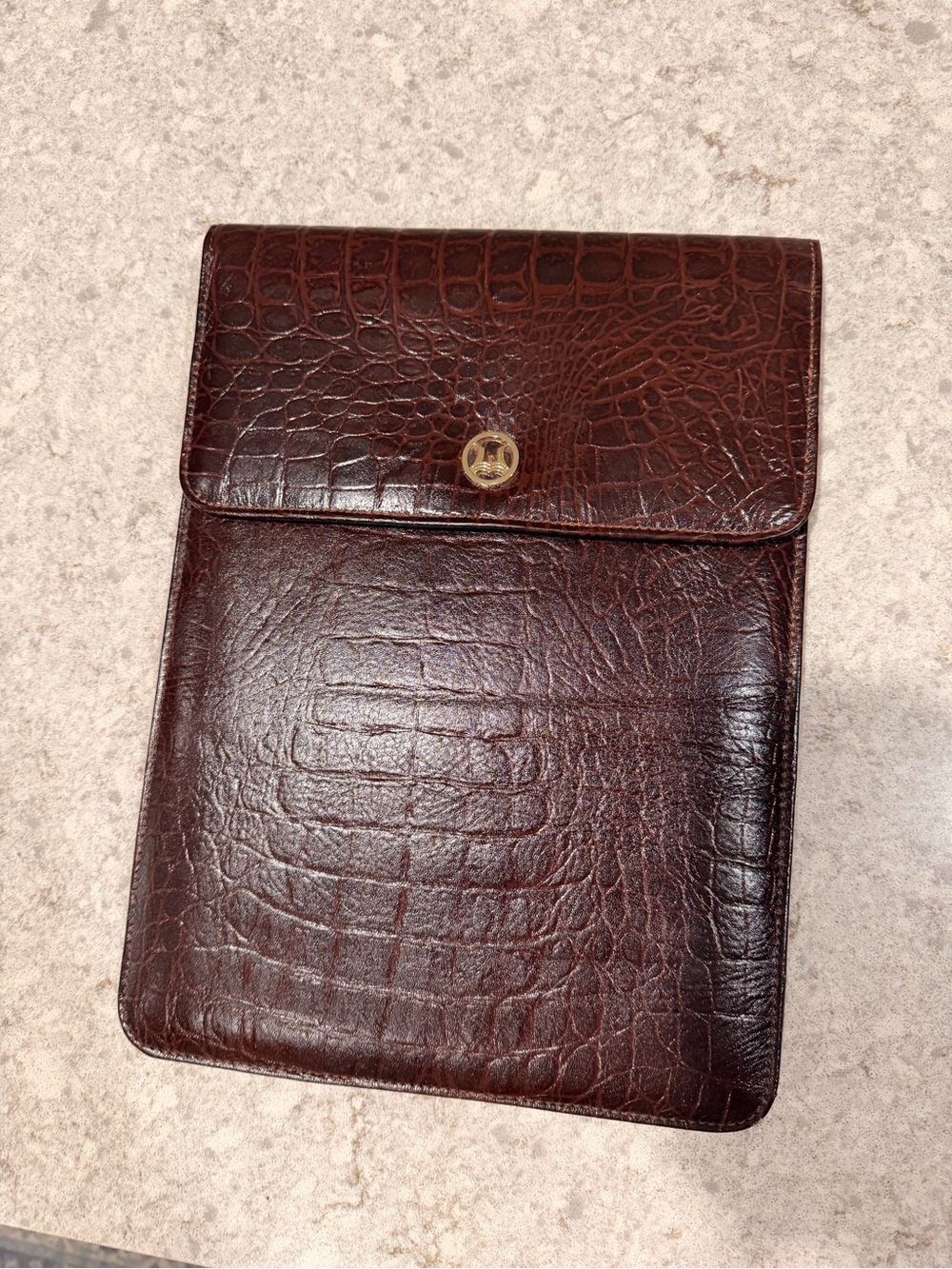 Brown Croc-Embossed Leather tablet Sleeve with Gold Button